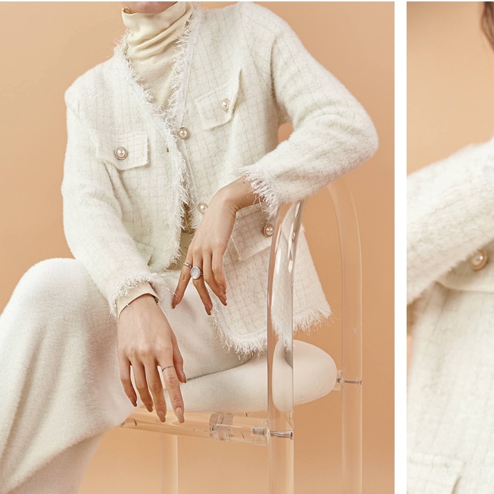 J.ing white plaid v neck tweed fringe cardigan